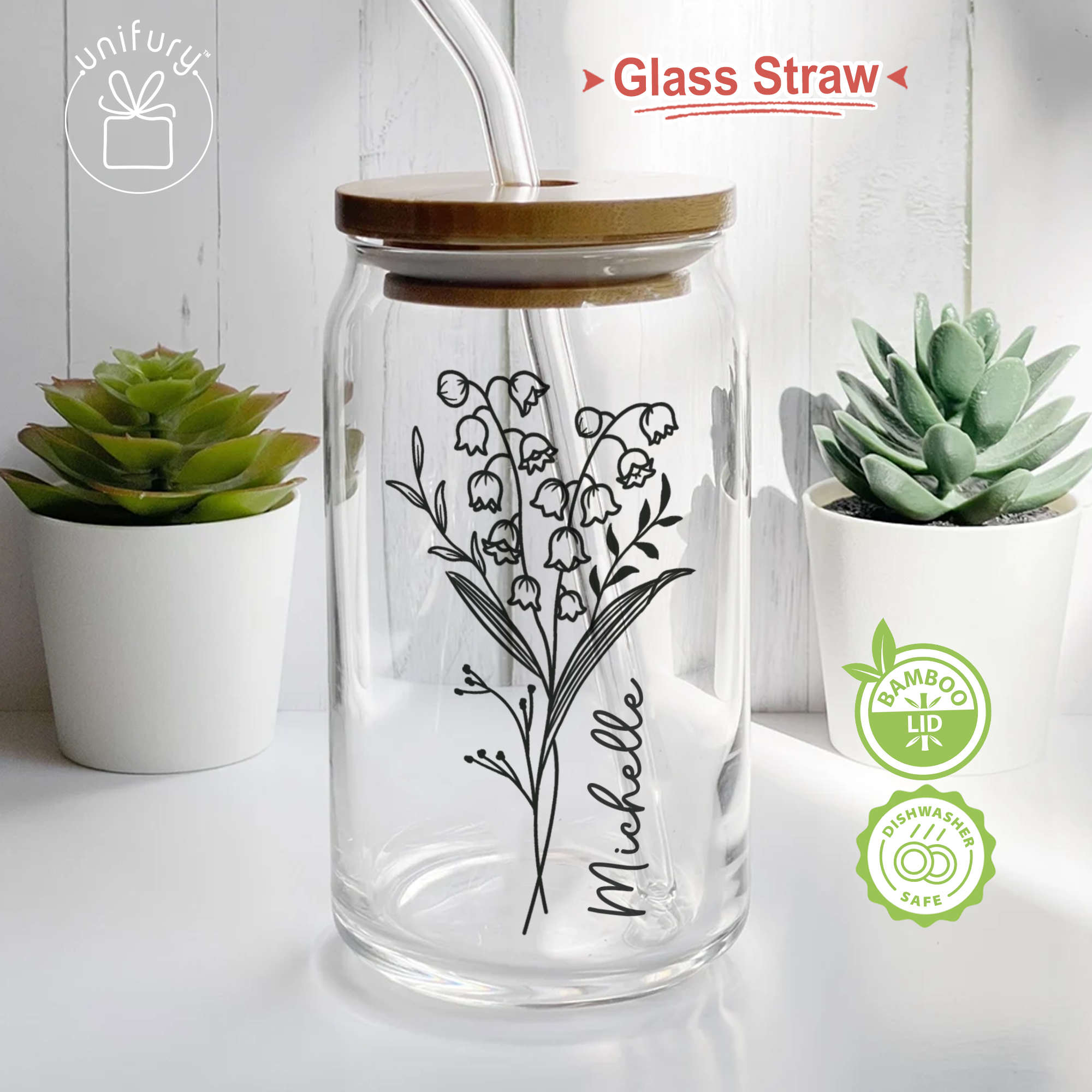 16 oz Glass Tumbler, metal straw in flowers, daisy, wildflower print