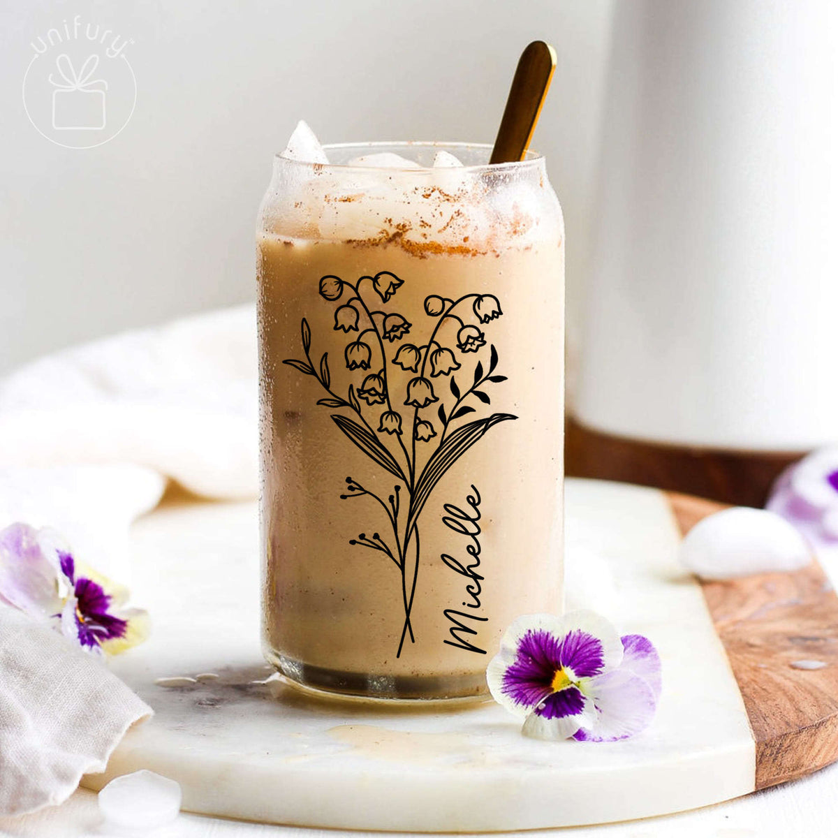 Personalized Bridesmaid Birth Flower Clear Glass Tumbler, Custom Name Coffee Cup