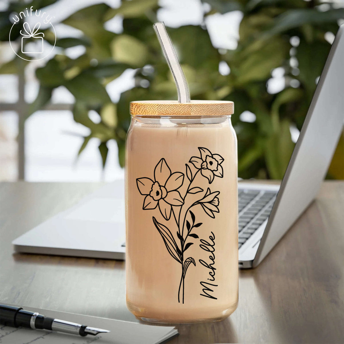 Personalized Bridesmaid Birth Flower Clear Glass Tumbler, Custom Name Coffee Cup