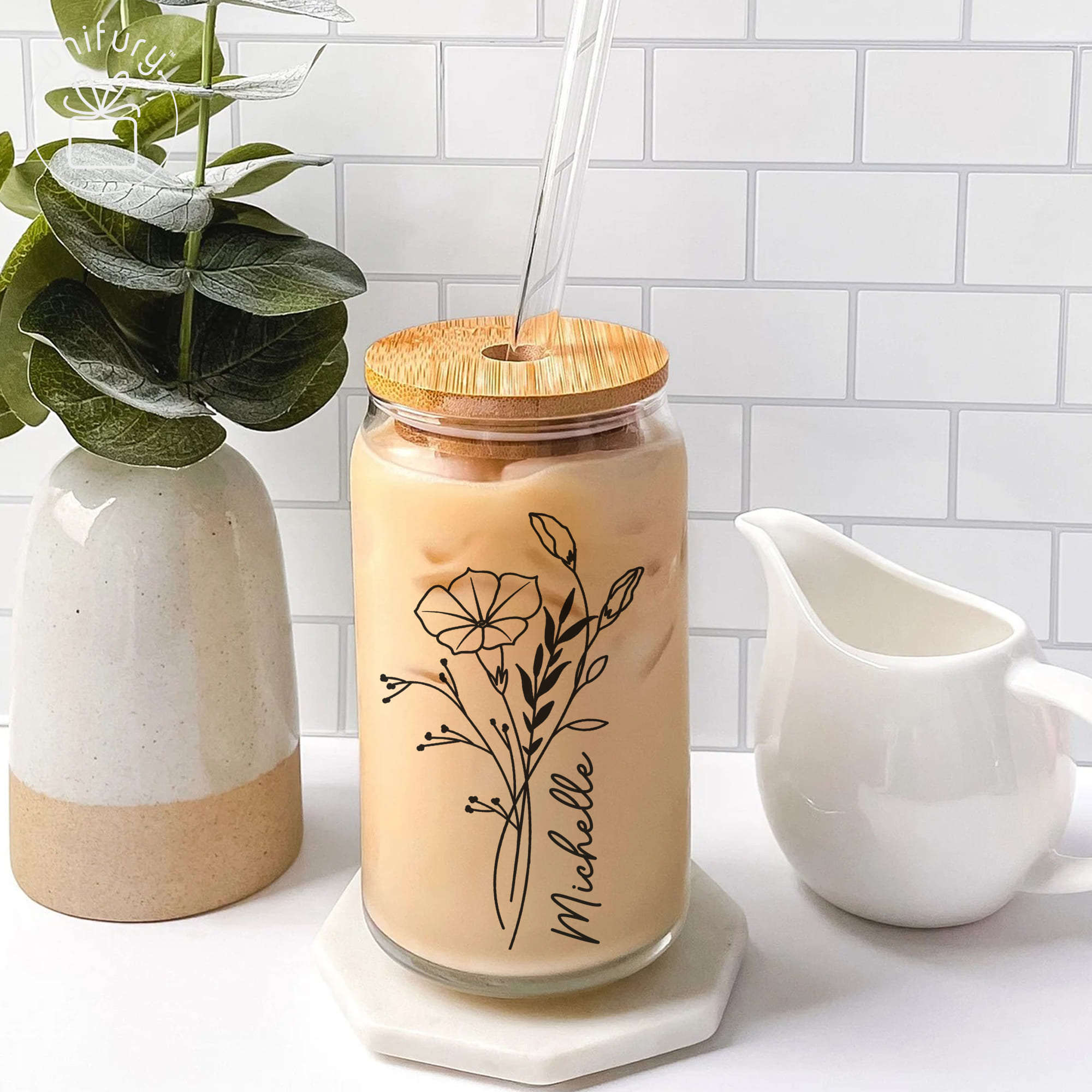 Personalized Glass with Bamboo Lid and Straw, Coffee Glass Cup, Glass  Coffee Tumbler Can Glass Custom Name Gift Women, Birth Flower Month