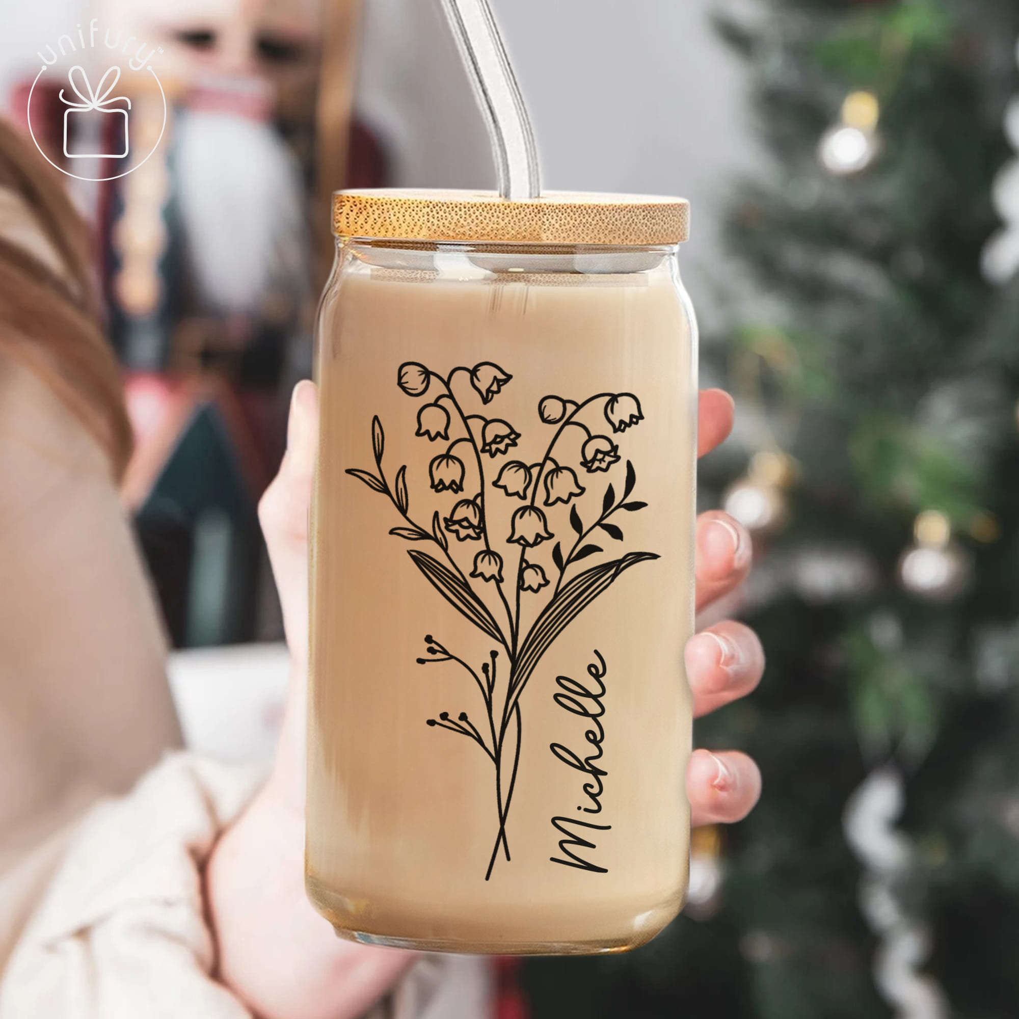 Iced Coffee Glass Cup with Bamboo Lid and Straw - Personalized Birth Month  Flower and Name - Gift for Her Birthday, Mothers Day Gift, Christmas
