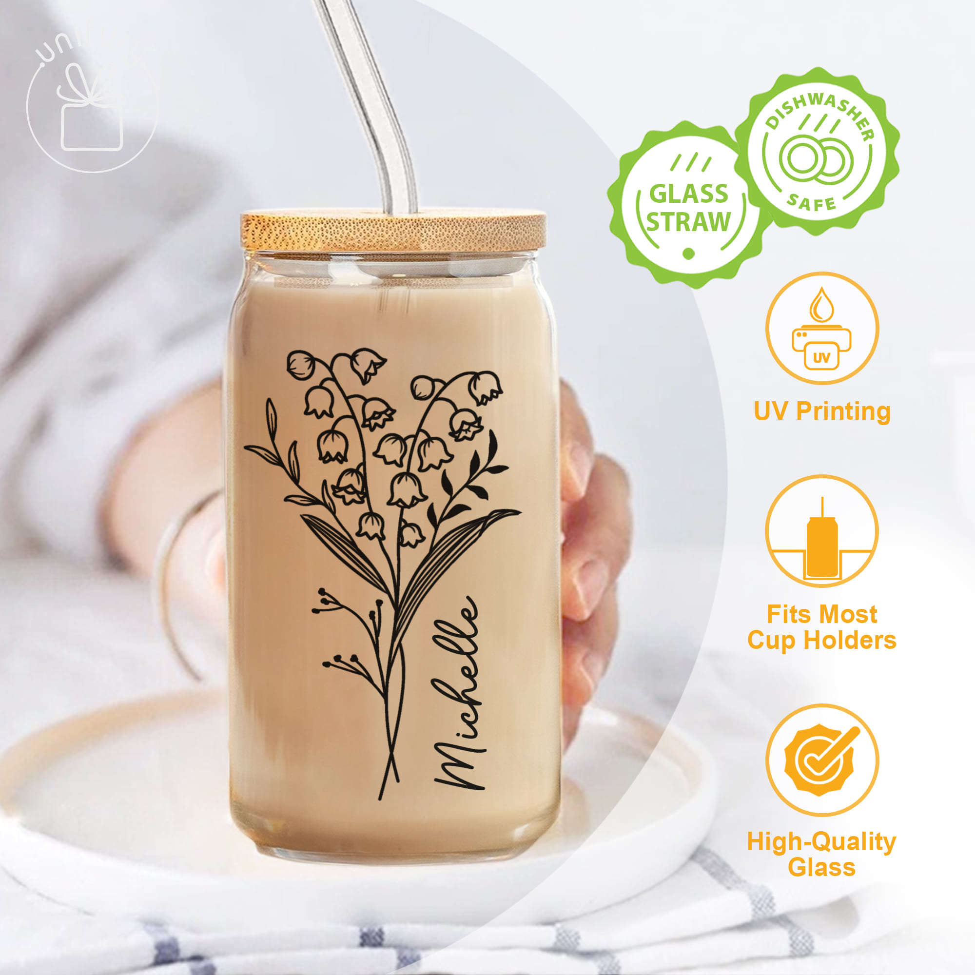 Custom Birth Flower Glass Cup with Bamboo Lid,16 OZ Frosted Glass Cups with  Lids and Straws, Bridemaid Gift, Personalized Glass Can for Iced Coffee