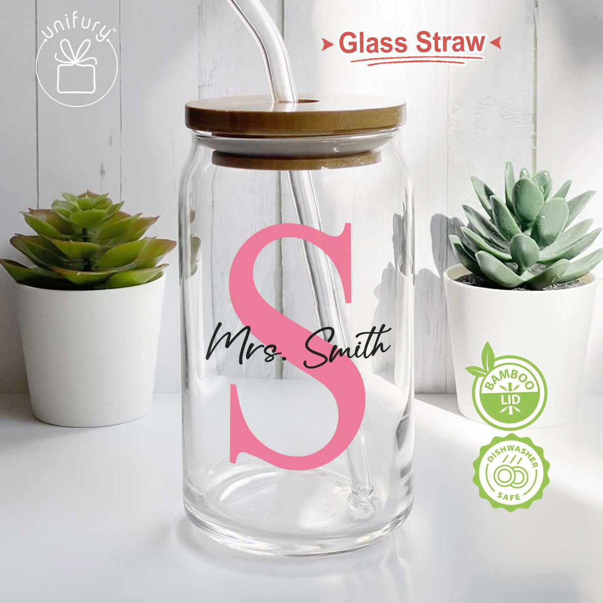 Personalized Teacher Initial Color Clear Glass Tumbler, Custom Name Coffee Cup