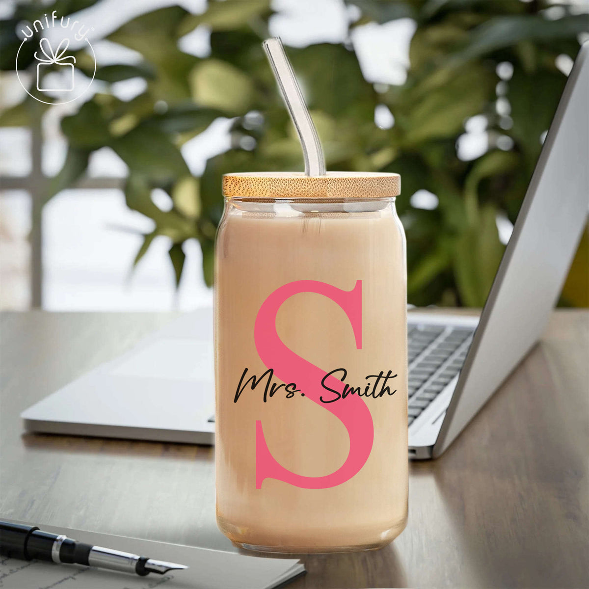 Personalized Teacher Initial Color Clear Glass Tumbler, Custom Name Coffee Cup