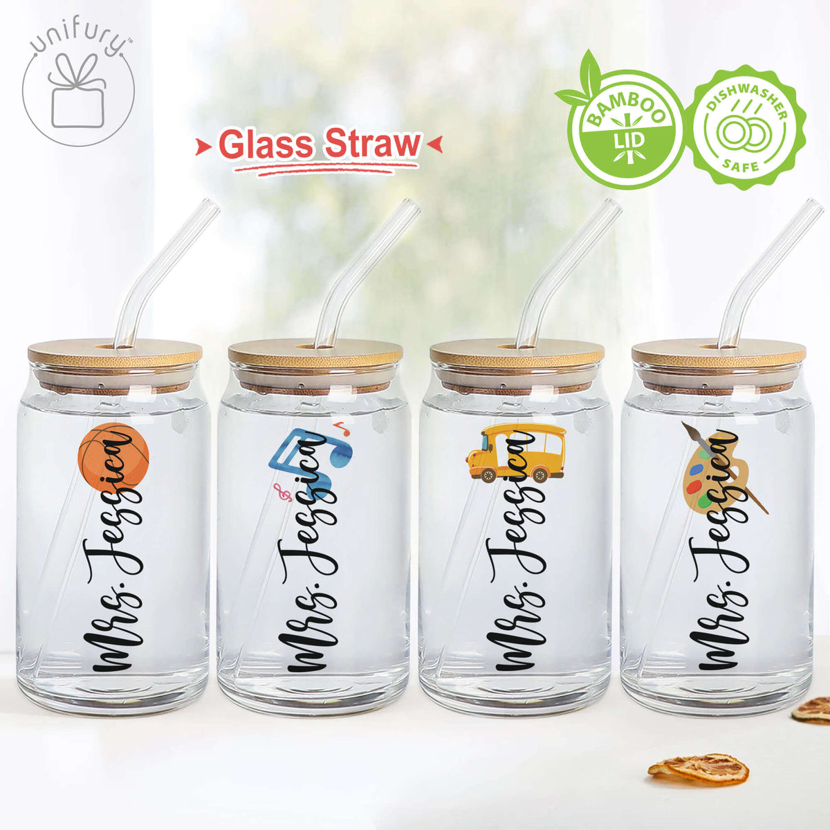 Personalized Teacher Symbols Clear Glass Tumbler, Custom Name Coffee Cup