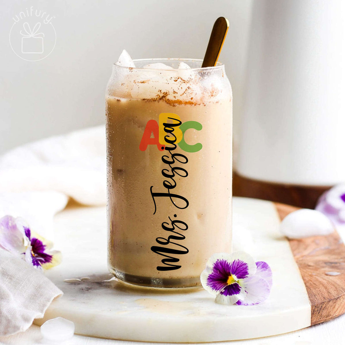 Personalized Teacher Symbols Clear Glass Tumbler, Custom Name Coffee Cup