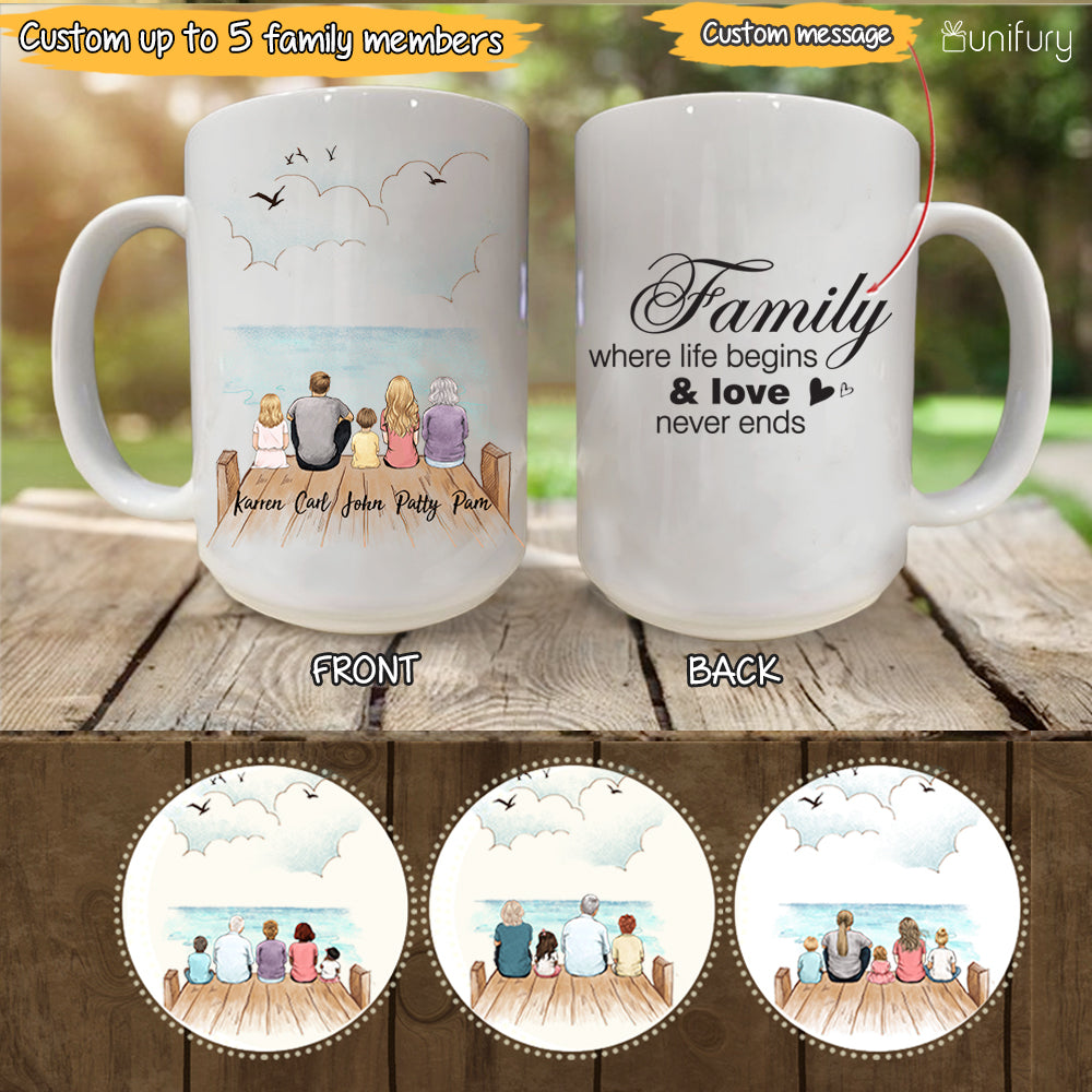 Personalized gifts for the whole family Coffee Mug - UP TO 5 PEOPLE - CUSTOM MESSAGE - Wooden dock - 2426