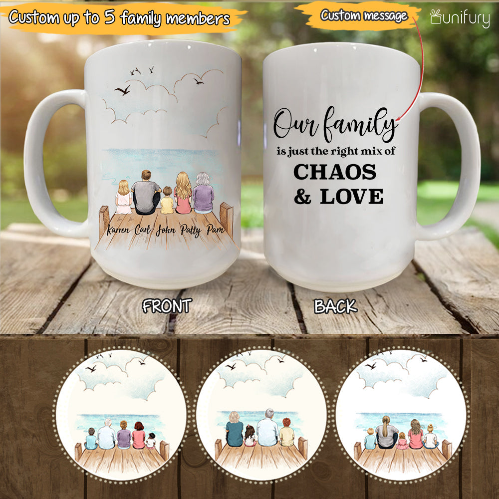 Personalized gifts for the whole family Coffee Mug - UP TO 5 PEOPLE - CUSTOM MESSAGE - Wooden dock - 2426