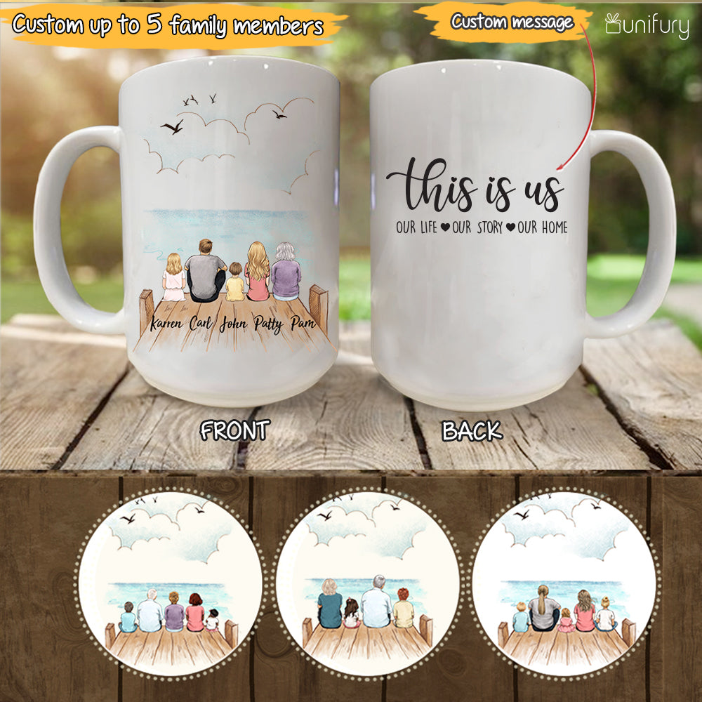 Personalized gifts for the whole family Coffee Mug - UP TO 5 PEOPLE - CUSTOM MESSAGE - Wooden dock - 2426