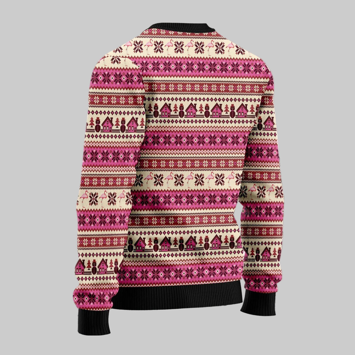 A long-sleeve knit sweater with a festive Christmas pattern, featuring rows of snowflakes, pine trees, and snowman motifs in pink, burgundy, and cream. The sweater is displayed on a rustic wooden surface with a snowy forest background and pine branches.