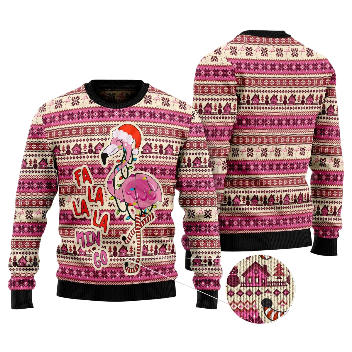 A festive Christmas sweater shown from the front and back, featuring a pink flamingo graphic with a Santa hat and the text 'Tula Lala Rin Co' on a patterned knit design. The background is a snowy outdoor scene with pine branches.