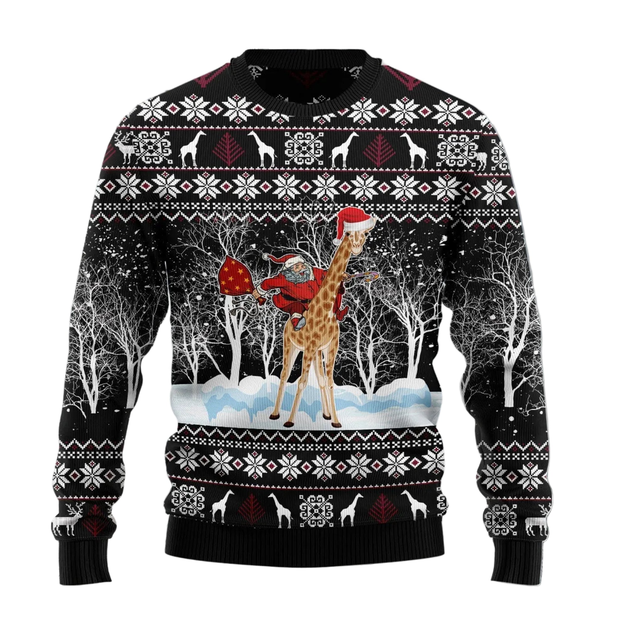 Giraffe and Santa Ugly Christmas Sweater, Santa Giraffe Print for Men and Women, Festive Christmas Party Outfit