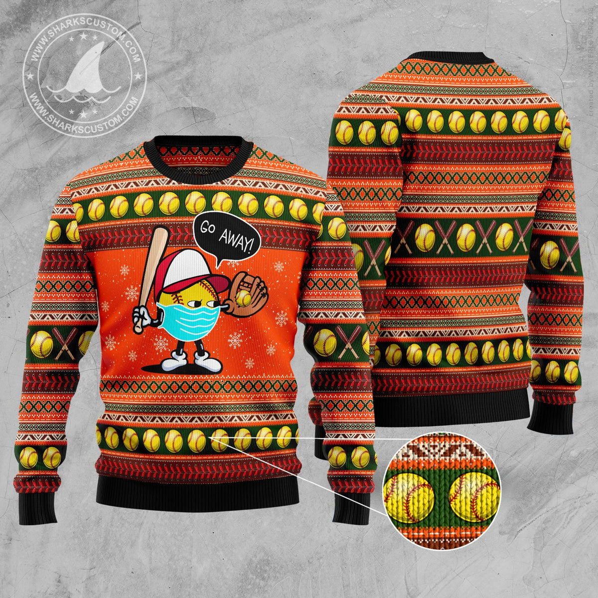 Go Away Softball Ugly Christmas Sweater, Funny Softball Art Holiday Pullover for Softball Players and Coaches