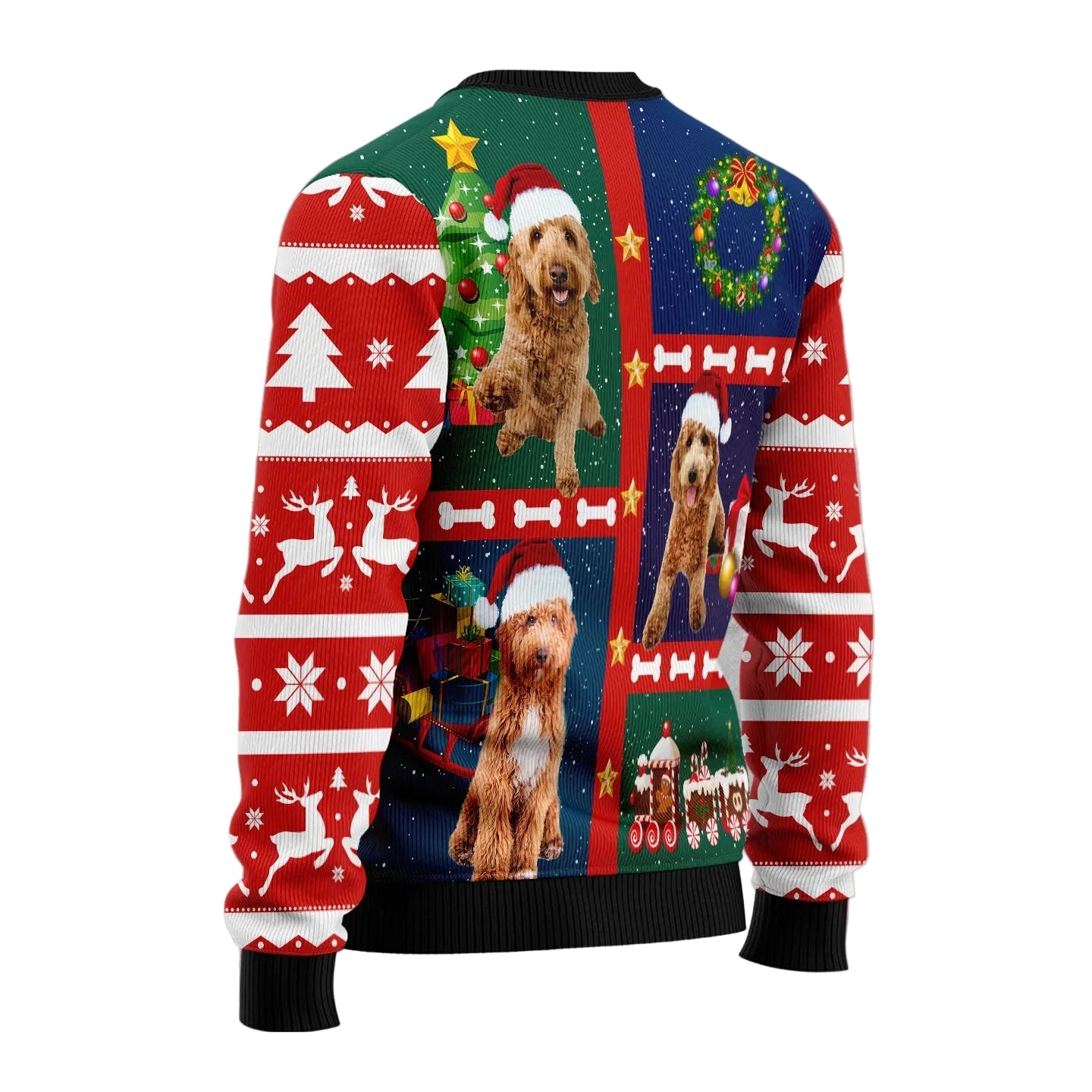 A long-sleeve Christmas sweater with an all-over festive print featuring a brown wirehaired dog, Santa hats, reindeer, snowflakes, a Christmas tree, and holiday motifs on red, green, and blue panels, shown on a gray textured background.