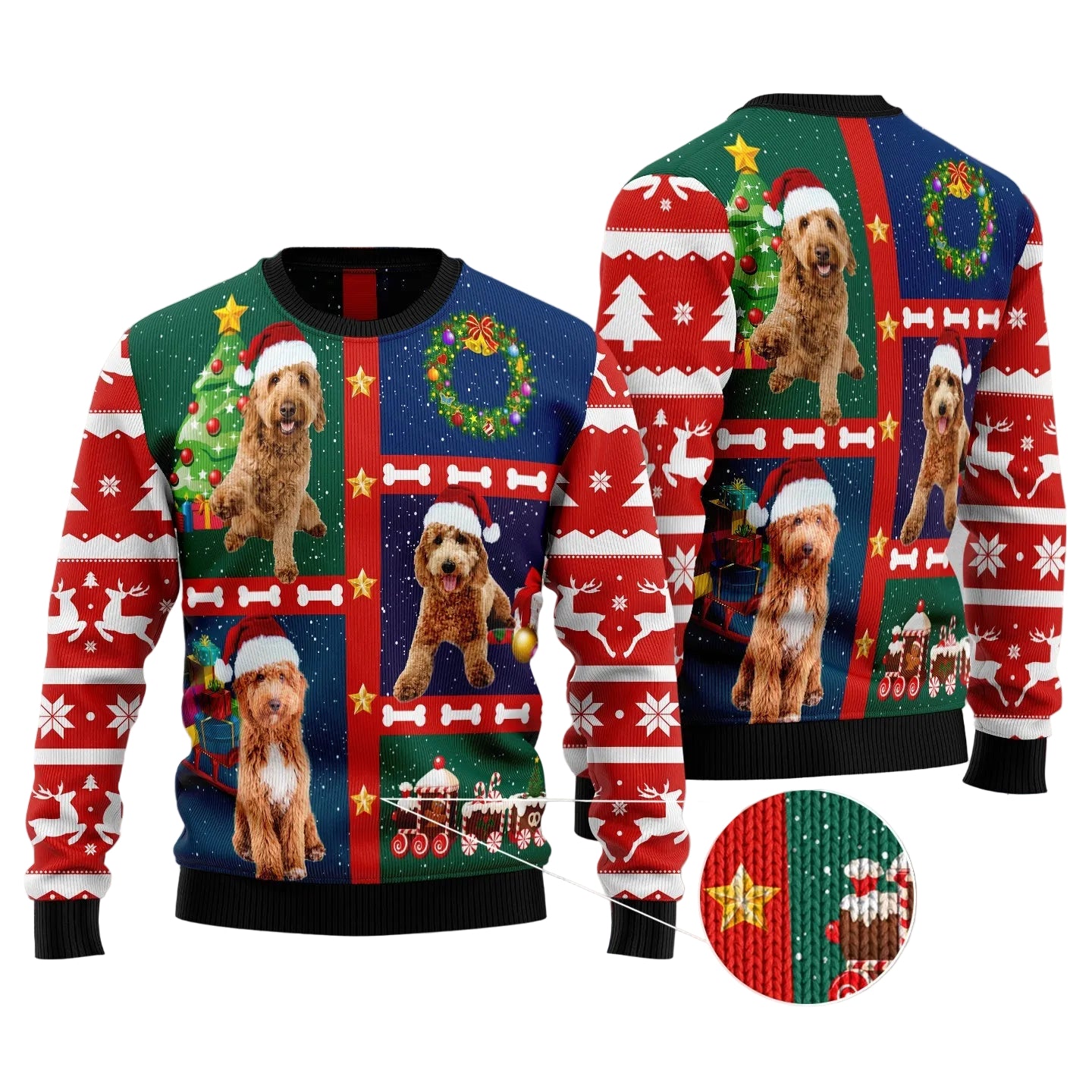 A Christmas-themed long-sleeve sweater shown from both front and back on a gray textured background. The design features a dog portrait in a Santa hat over red, green, and blue holiday patterns including snowflakes, wreaths, stars, and a Santa sleigh.