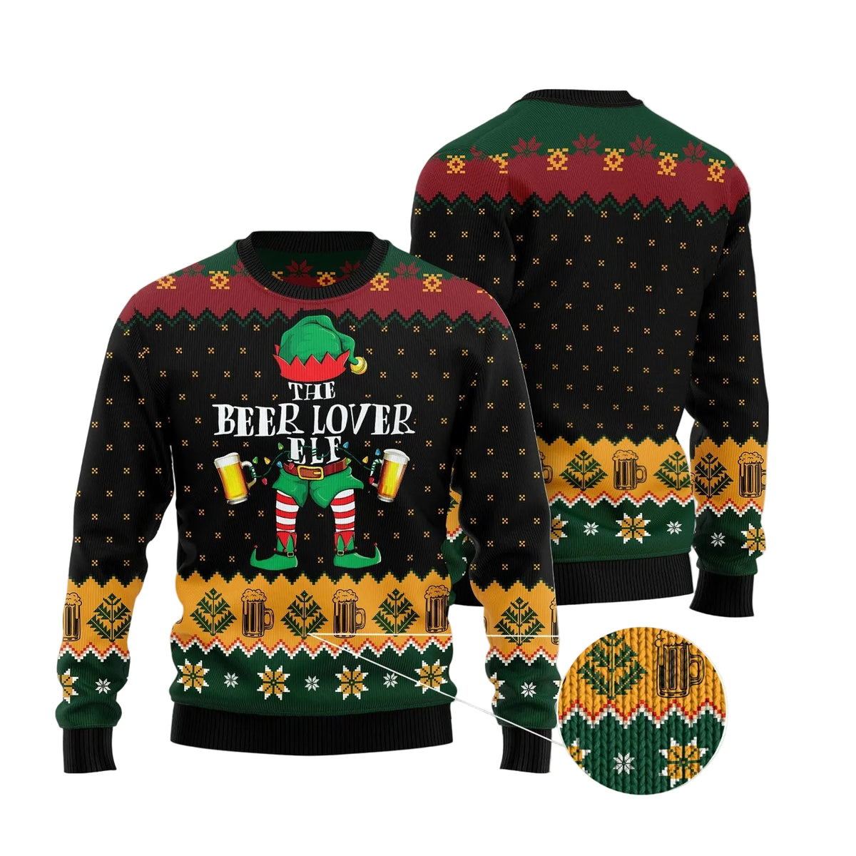 The Beer Lover Elf Ugly Christmas Sweater, Funny Christmas Elf and Beer Design, Festive Gift for Beer Enthusiasts