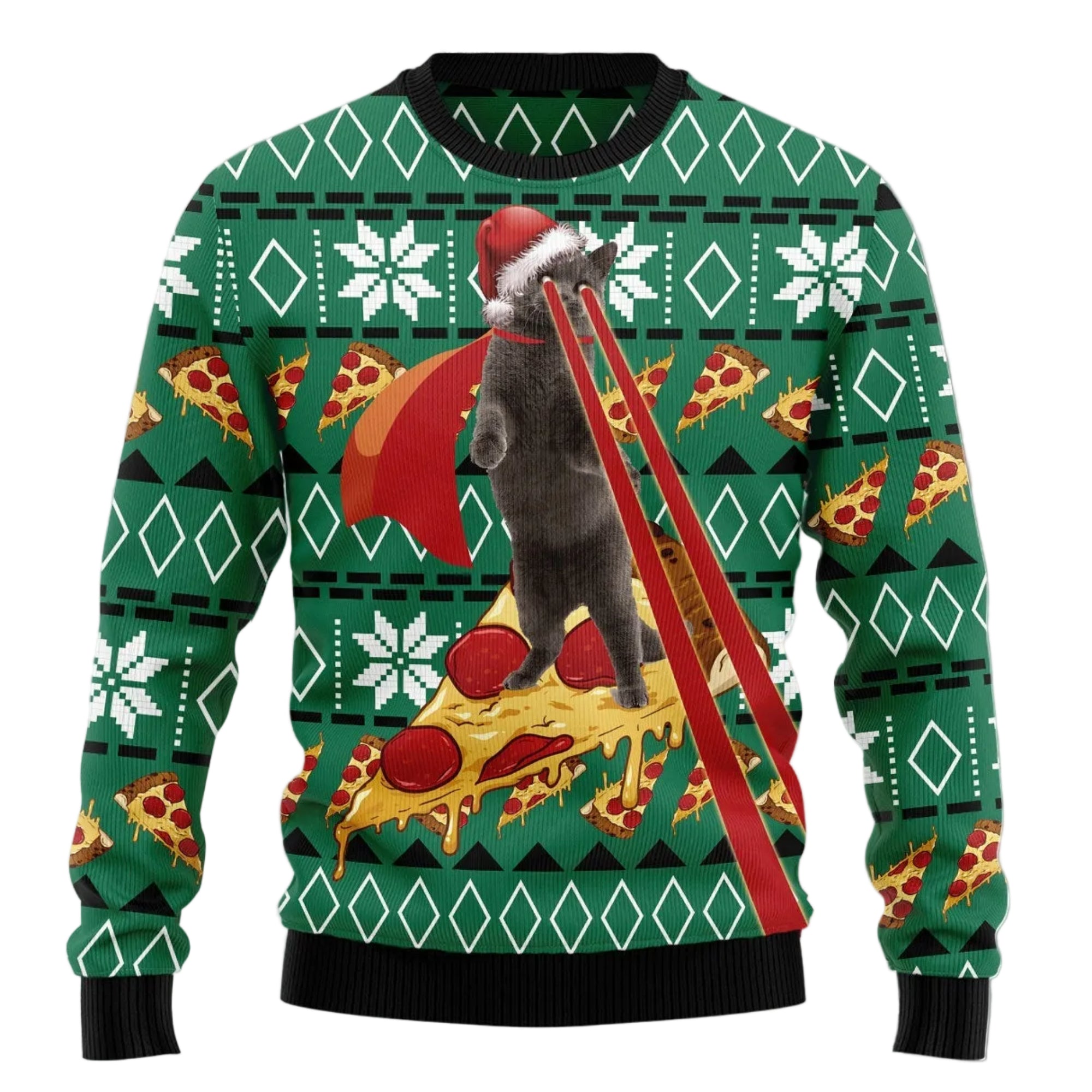 Cat Pizza Ugly Christmas Sweater, Funny Cat and Pizza Holiday Pullover, Holiday Gatherings and Family Photos
