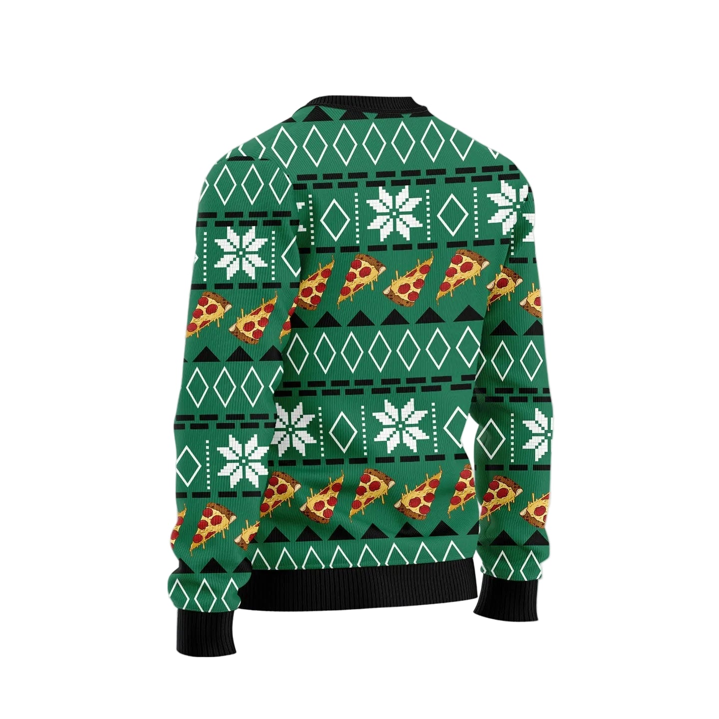 A green long-sleeve crewneck sweater with a holiday pattern featuring white snowflakes, black diamond outlines, and red-and-yellow pizza slices, shown on a light gray background with a pinkish bokeh effect and white snowflakes. A circular shark logo watermark is visible in the top left corner.
