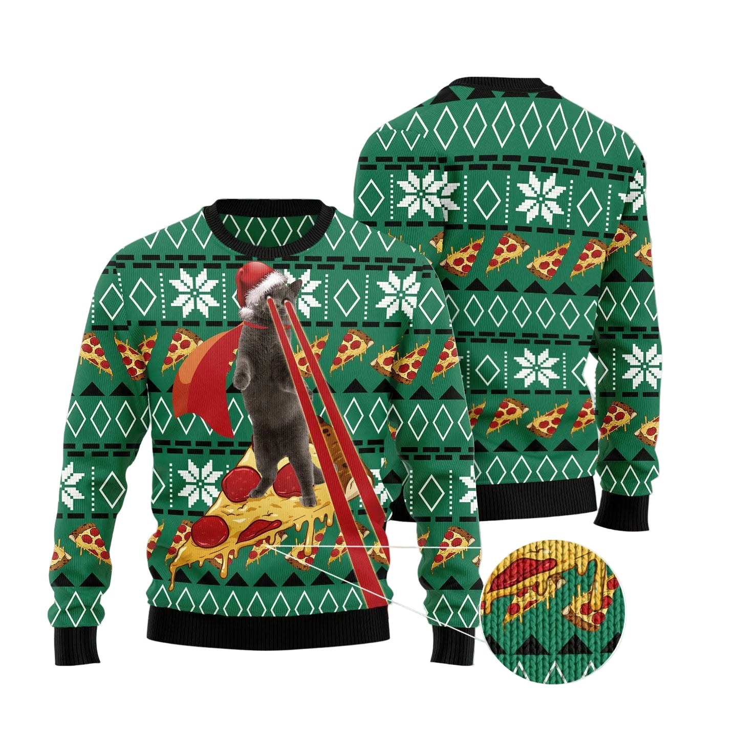 Cat Pizza Ugly Christmas Sweater, Funny Cat and Pizza Holiday Pullover, Holiday Gatherings and Family Photos