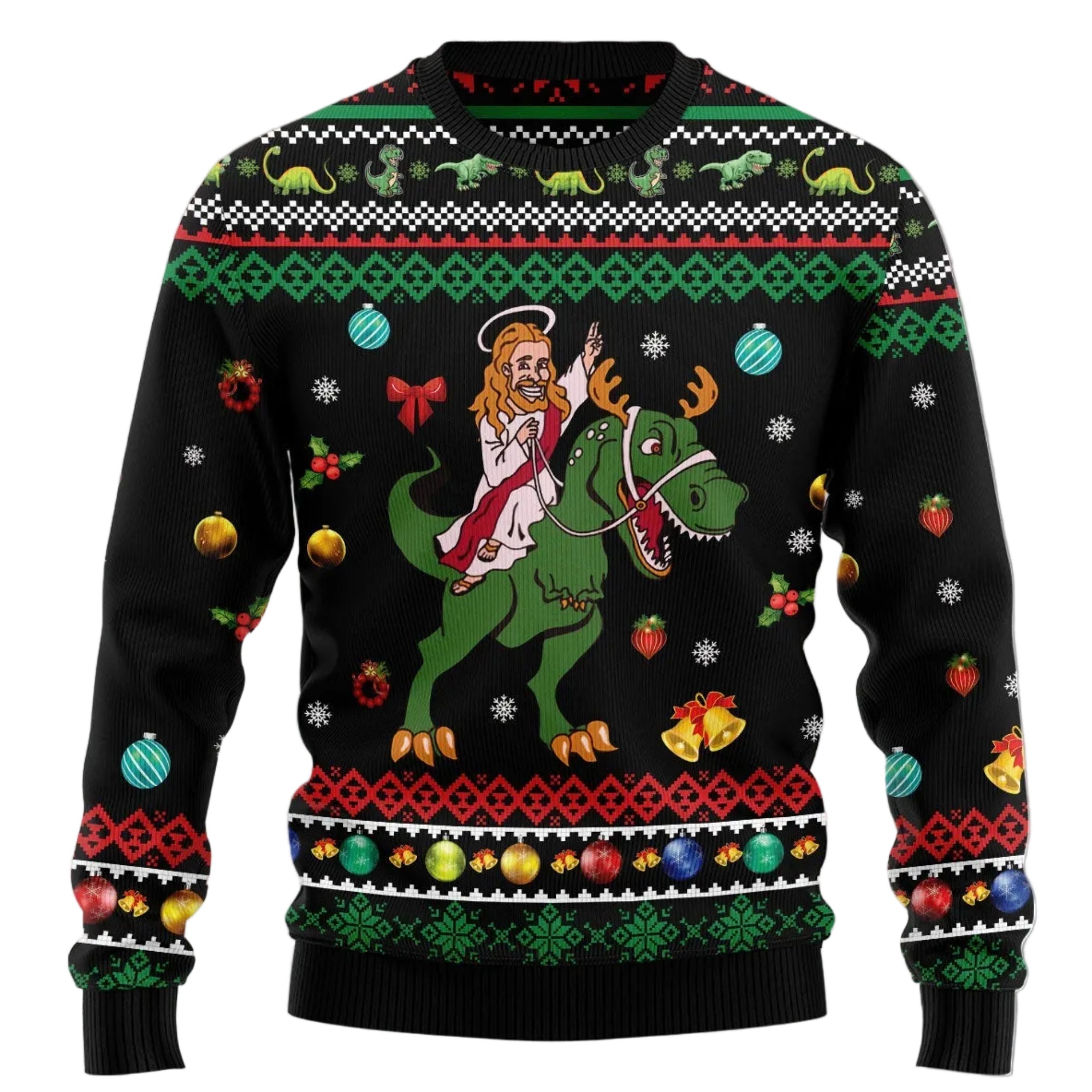 Ugly Christmas sweater with a design of a man riding a dinosaur on a light background.