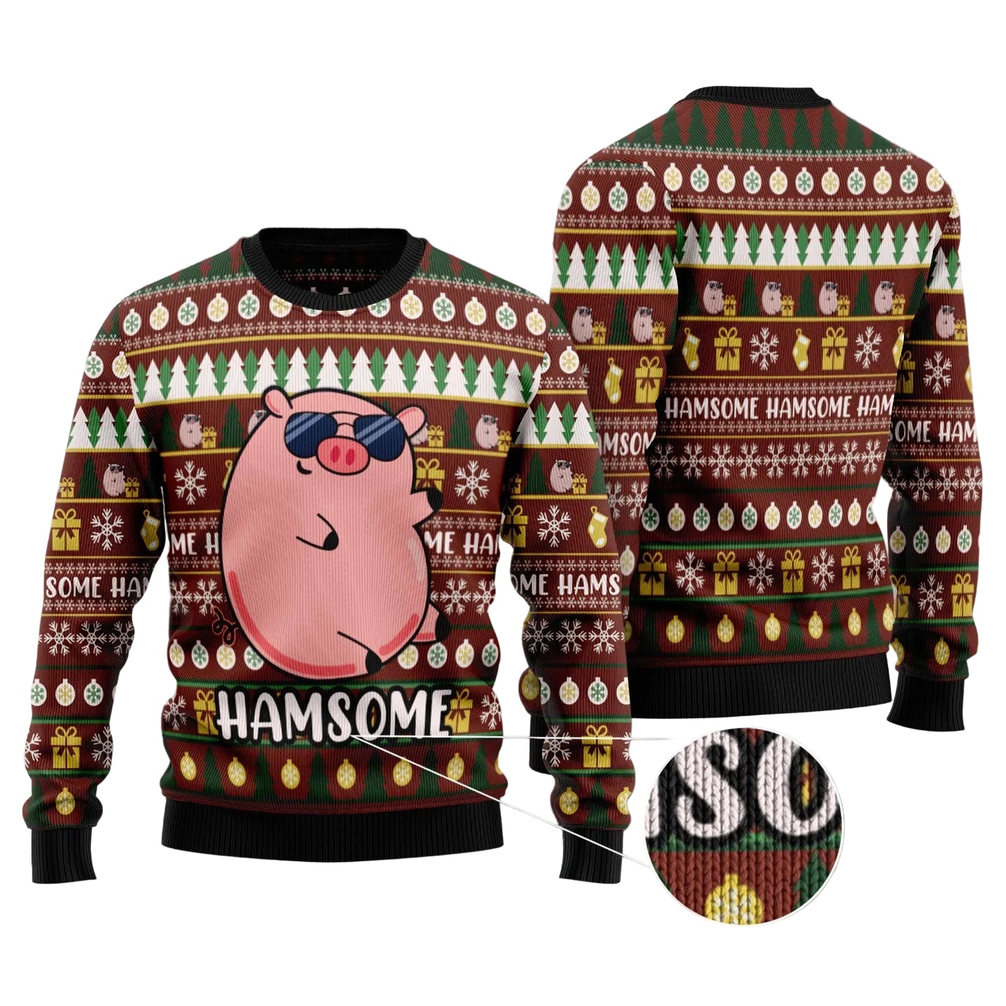 Hamsome Cute Pig Ugly Christmas Sweater, Funny Pig Holiday Pullover, Holiday Gatherings and Family Photos