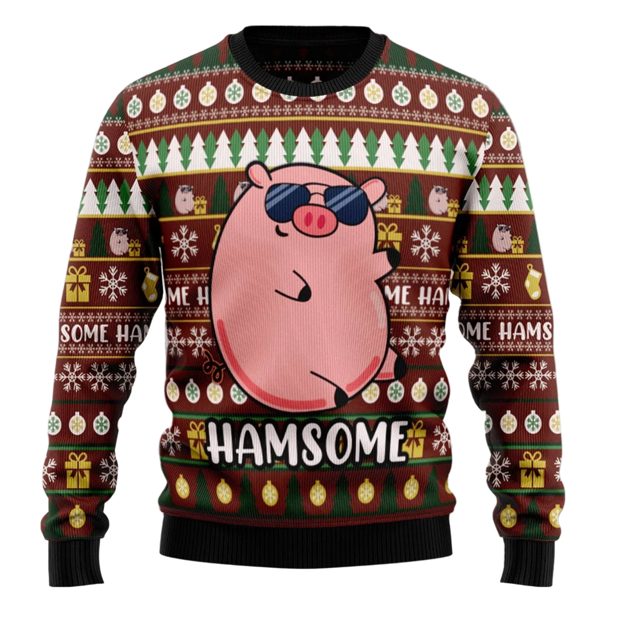 Hamsome Cute Pig Ugly Christmas Sweater, Funny Pig Holiday Pullover, Holiday Gatherings and Family Photos