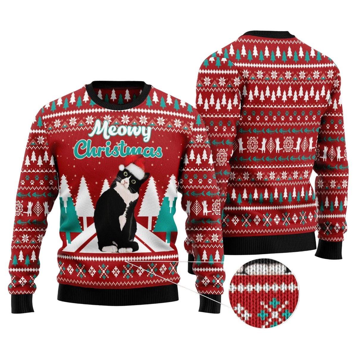 Meowy Christmas Cat Ugly Christmas Sweater, Funny Feline Lover Holiday Party Outfit and Gift for Cat Mom and Dad