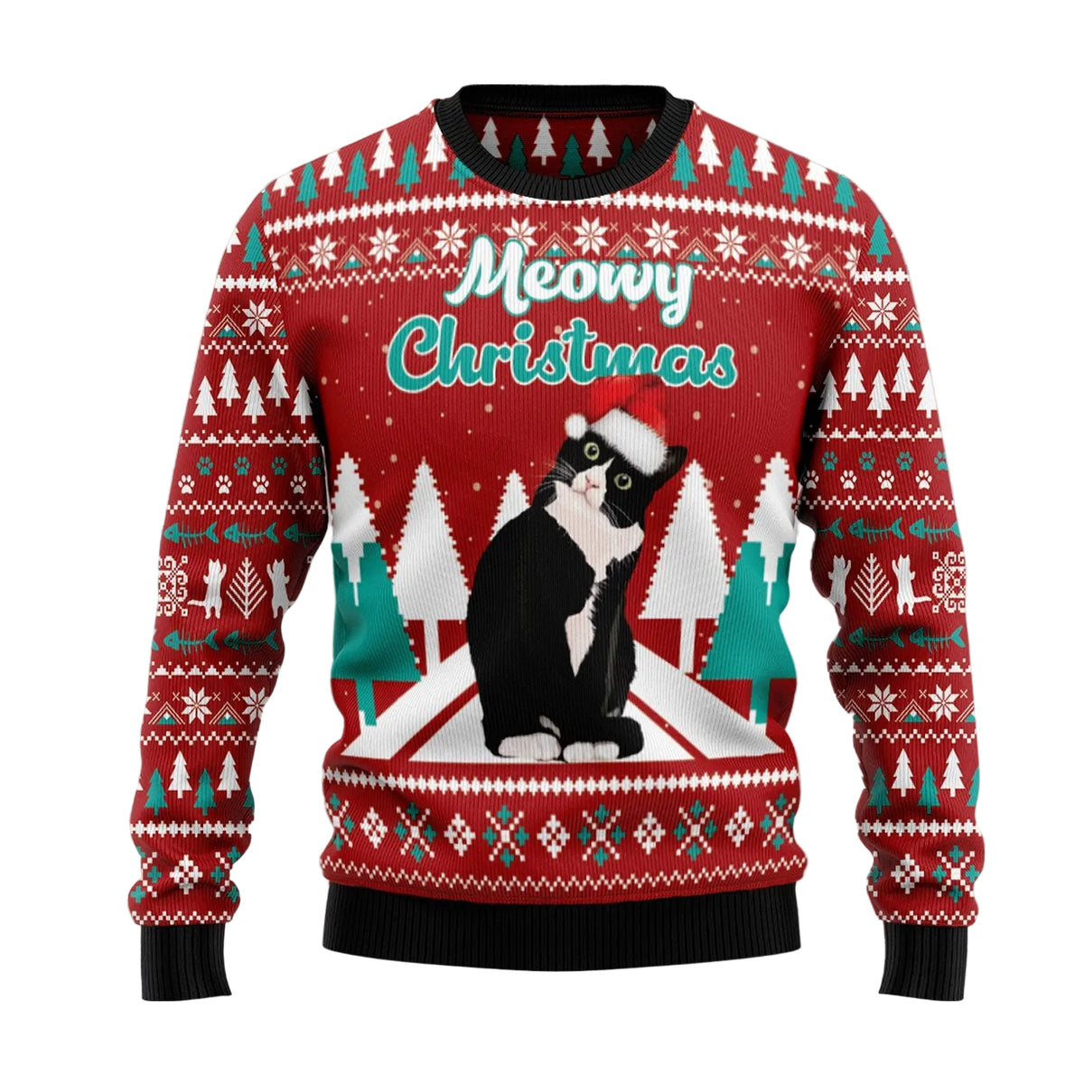 Meowy Christmas Cat Ugly Christmas Sweater, Funny Feline Lover Holiday Party Outfit and Gift for Cat Mom and Dad
