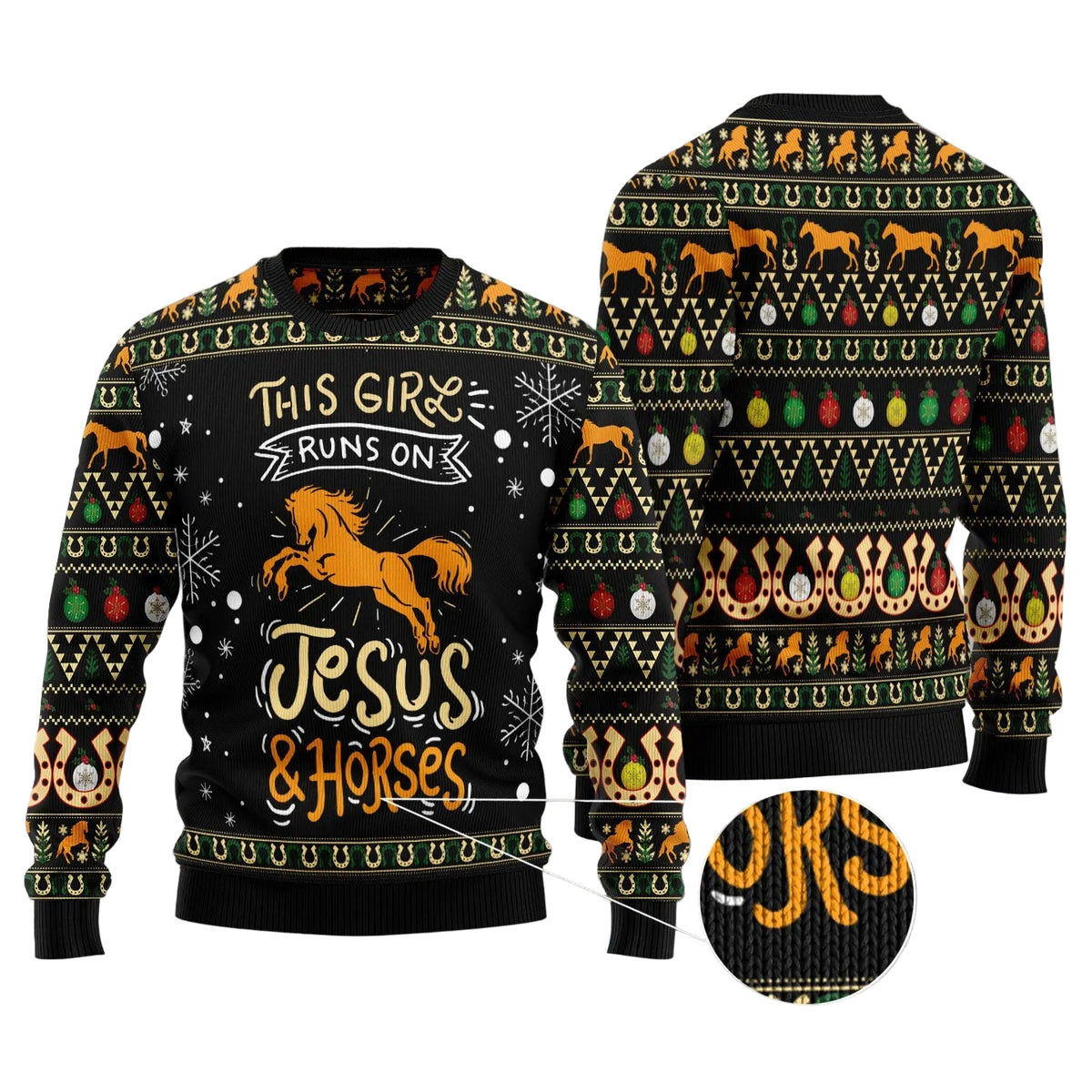 Girls Run on Jesus and Horses Ugly Christmas Sweater, Funny Xmas Party Outfit, Gift for Christian Horse Lovers