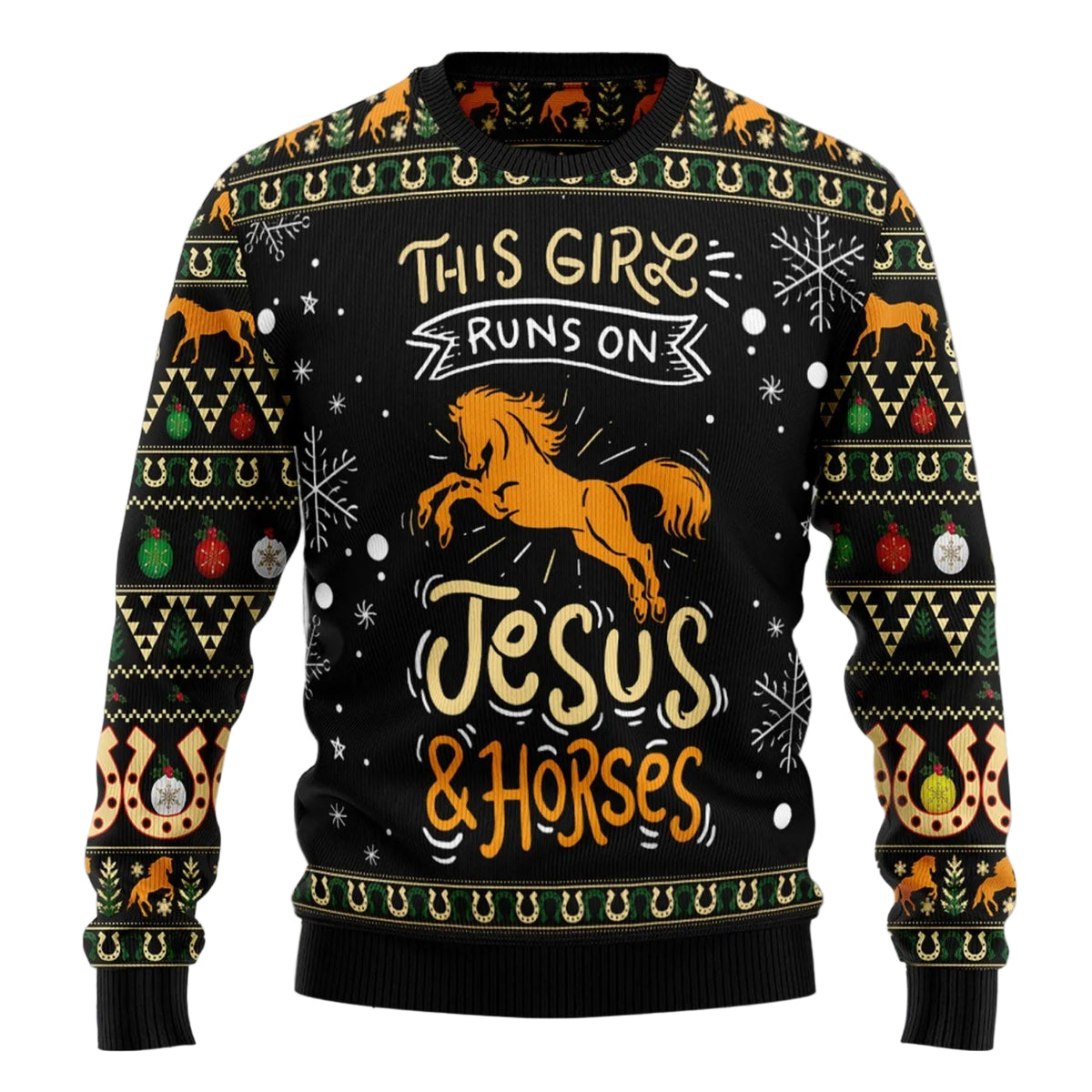 Girls Run on Jesus and Horses Ugly Christmas Sweater, Funny Xmas Party Outfit, Gift for Christian Horse Lovers