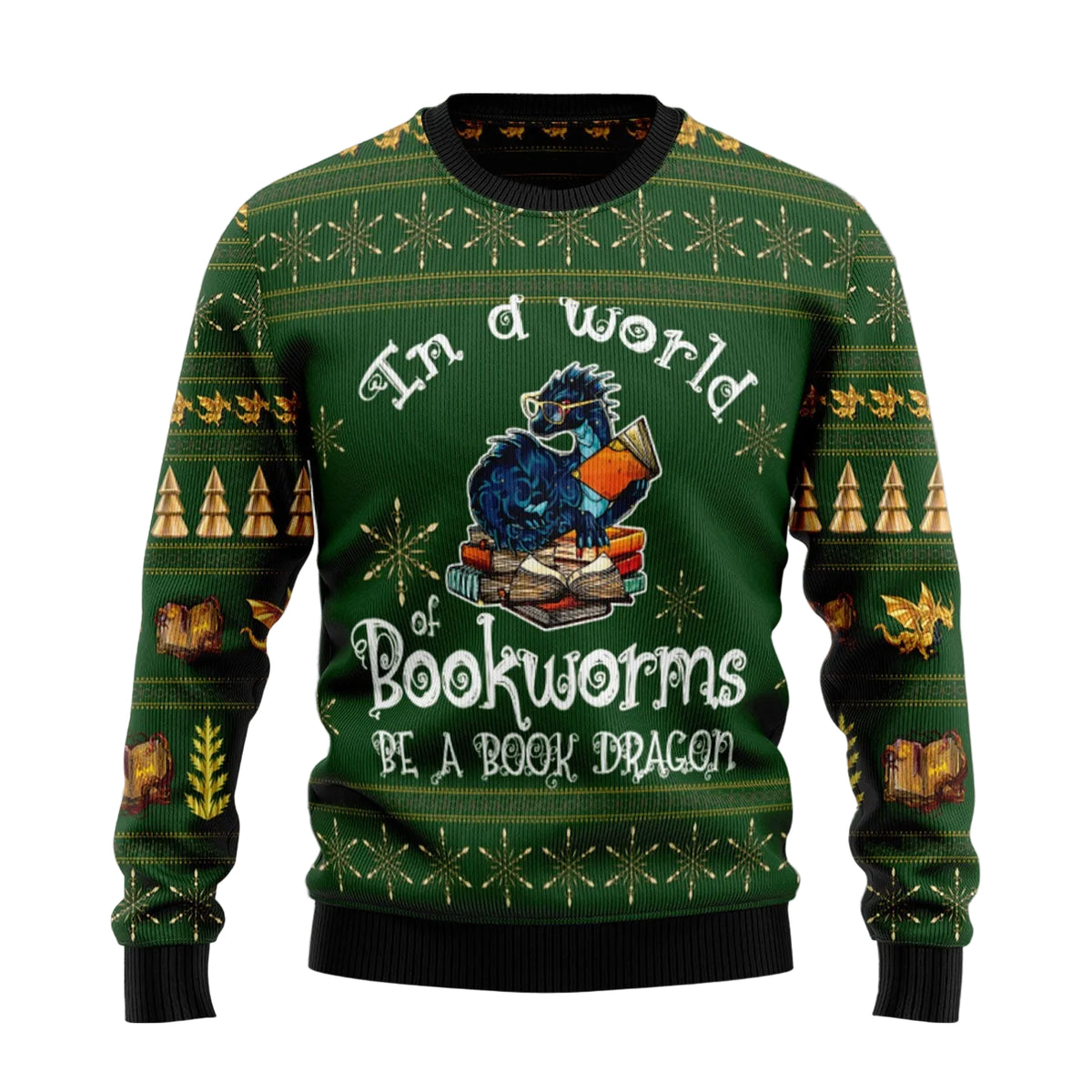 Book Dragon Ugly Christmas Sweater, Fantasy Dragon Bookworm Holiday Pullover for Readers and Book Lovers, Xmas Gifts