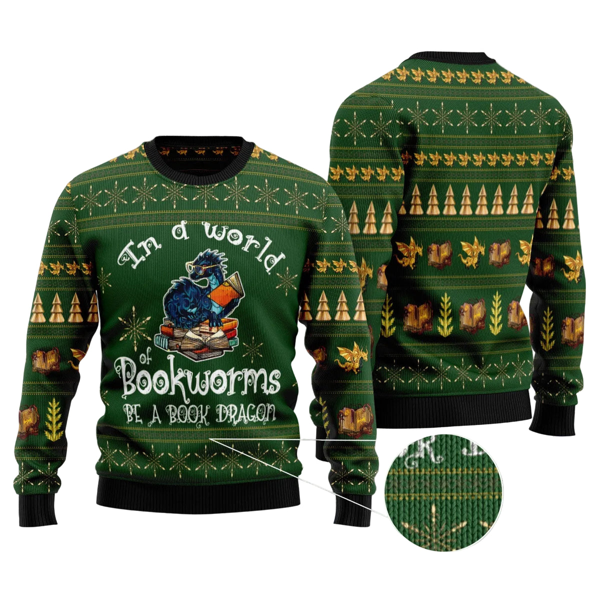 Book Dragon Ugly Christmas Sweater, Fantasy Dragon Bookworm Holiday Pullover for Readers and Book Lovers, Xmas Gifts