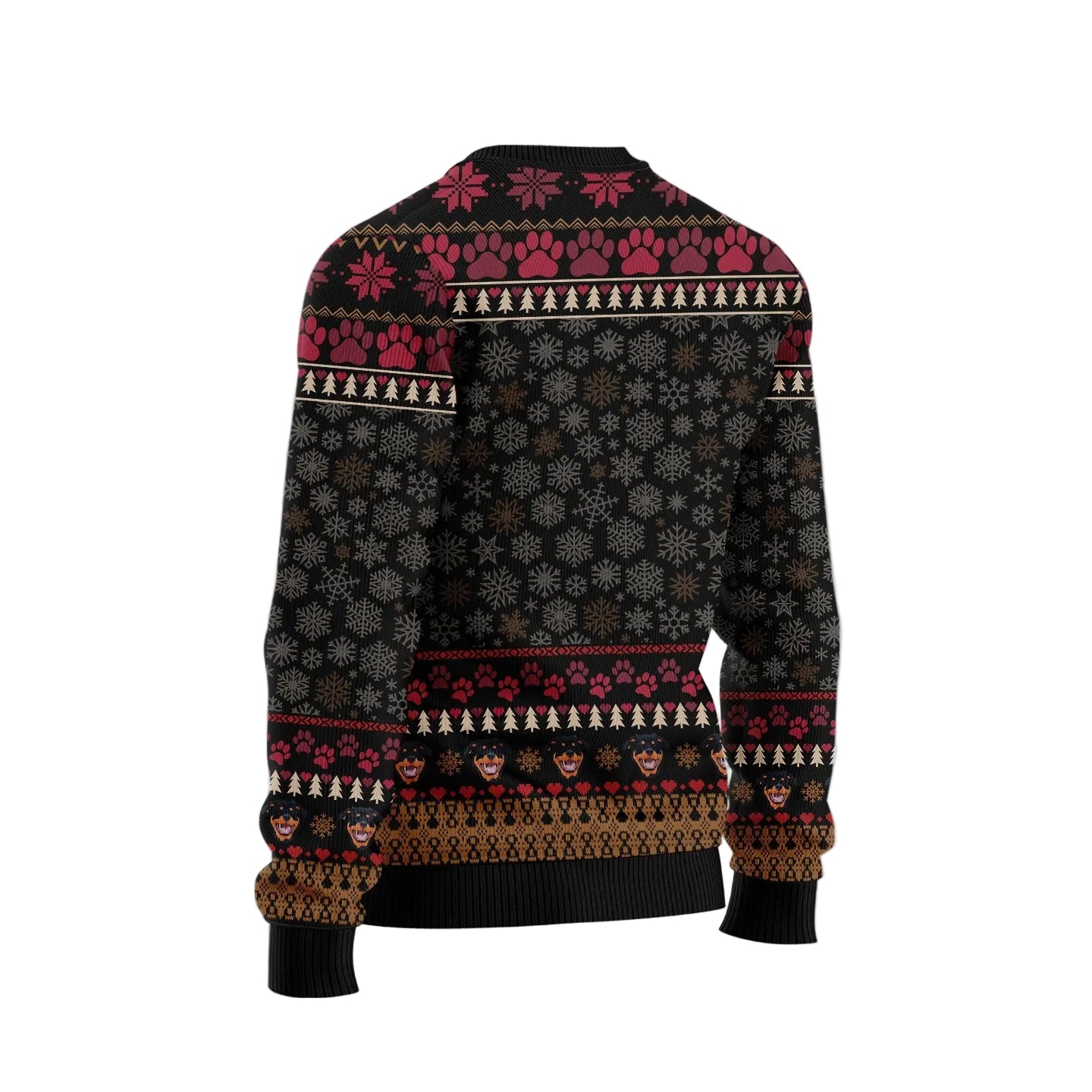 A Christmas-themed long-sleeve sweater shown from the back, featuring a black base with red, white, and brown fair isle patterns including snowflakes, paw prints, and festive borders. The image is set against a soft pink and white holiday background with snowflake graphics and a circular shark logo watermark in the top left corner.