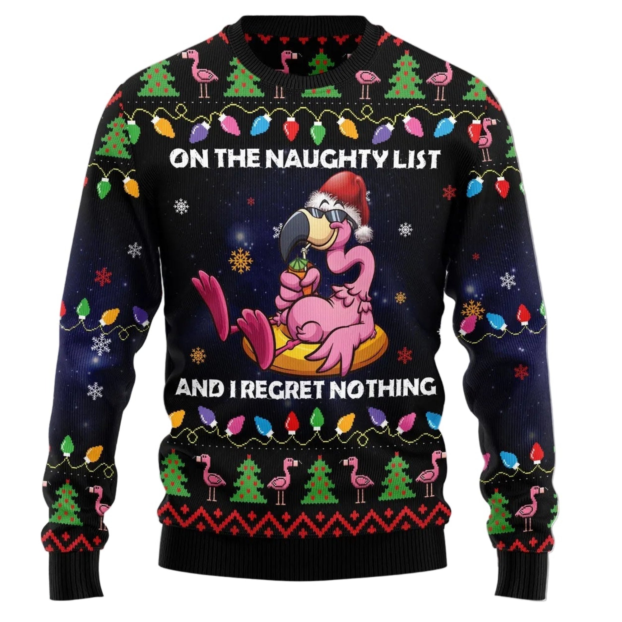 Ugly Christmas sweater with flamingo design and text on a light background