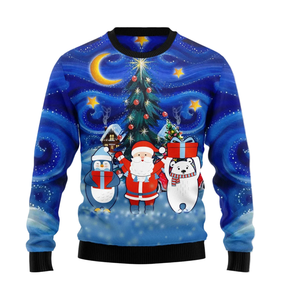 Polar Bear Santa Penguin Christmas Card Ugly Christmas Sweater, Polar Bear Penguin Christmas Holiday Outfit