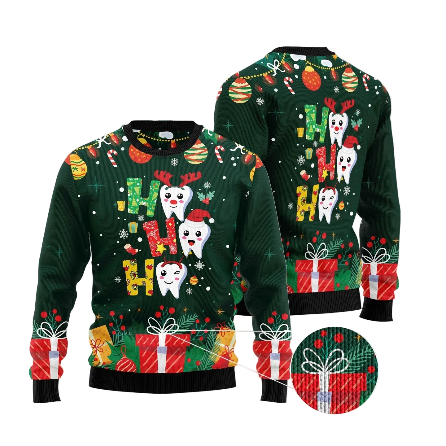 A festive Christmas sweater shown from the front and back on a soft pink holiday background. The sweater is dark green with a repeating holiday print featuring cartoon teeth, candy canes, ornaments, gift boxes, and the words “Ho Ho Ho.