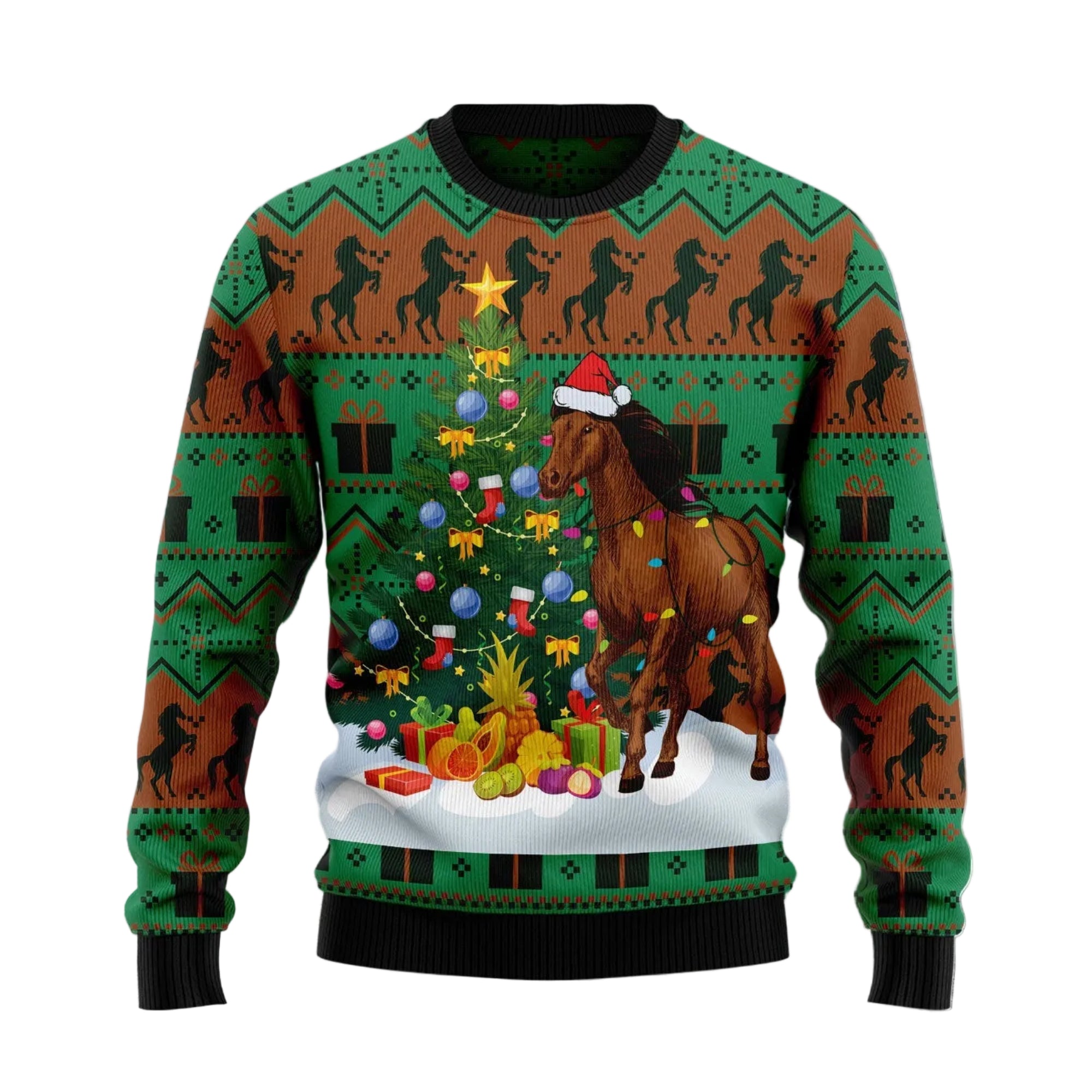 Christmas Tree Horse Ugly Christmas Sweater, Equestrian Tree Art Holiday Pullover for Horse Owners and Riding Fans