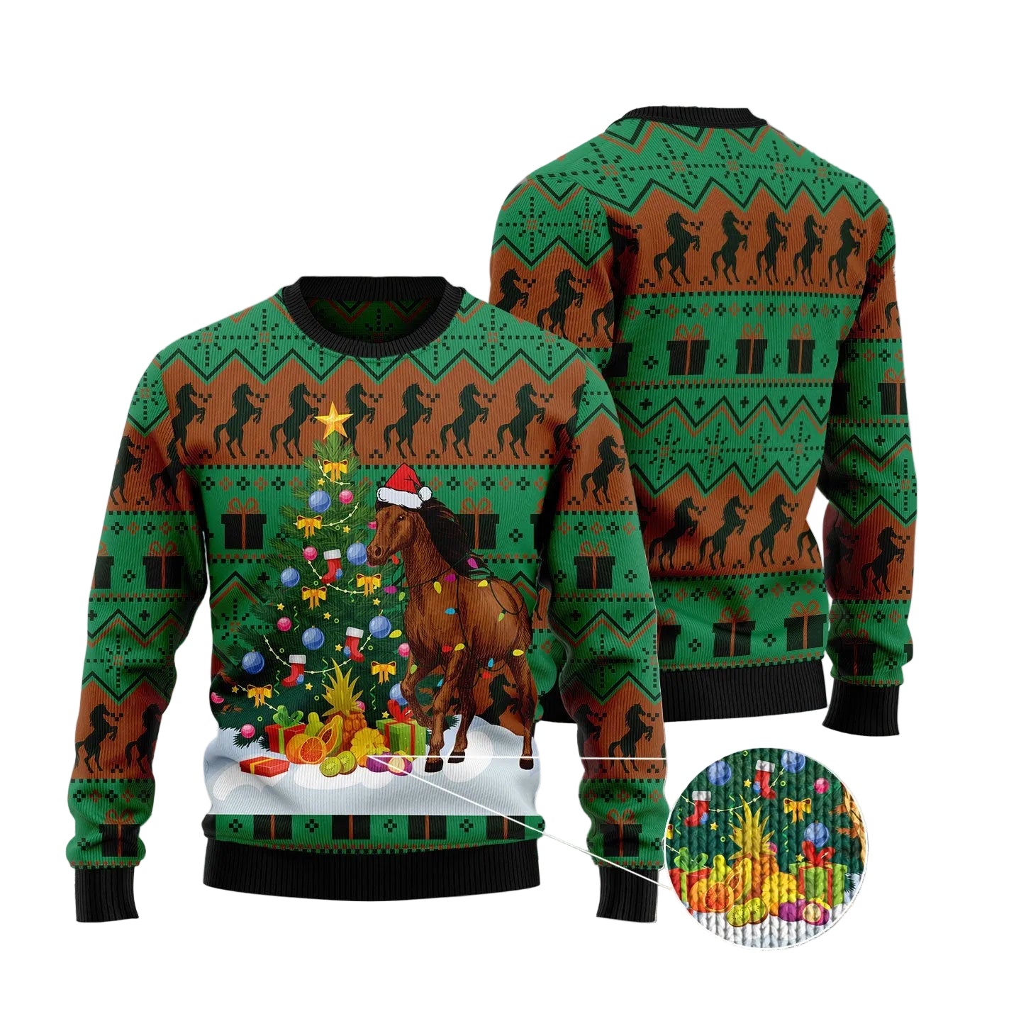 Christmas Tree Horse Ugly Christmas Sweater, Equestrian Tree Art Holiday Pullover for Horse Owners and Riding Fans