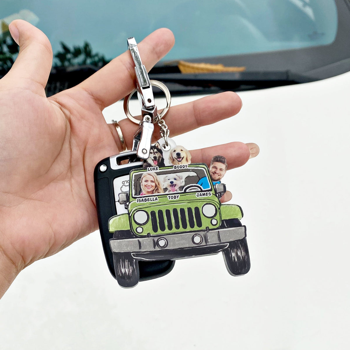Custom Funny Pet Family Kids Photo Jeep Acrylic Keychain