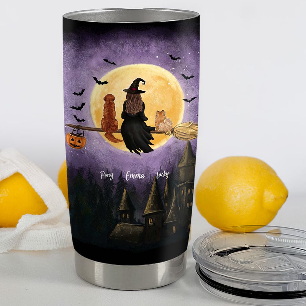 Personalized Halloween Fat Tumbler Gifts For Dog Cat Lovers - Flying On Broom