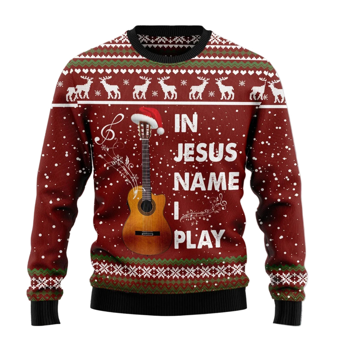 Christian Guitar Ugly Christmas Sweater, In Jesus' Name I Play Guitar Holiday Pullover for Christian Musicians