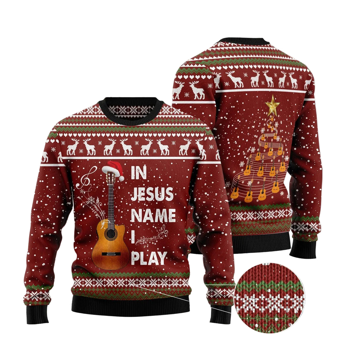 Christian Guitar Ugly Christmas Sweater, In Jesus' Name I Play Guitar Holiday Pullover for Christian Musicians