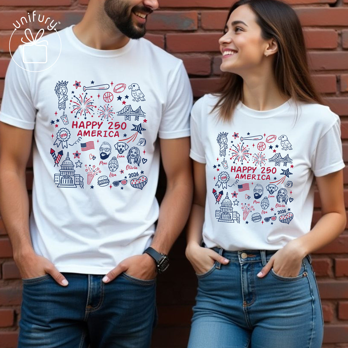 Custom Happy 250 America 4th of July Face Line-art T-shirt - Comfort Colors 1717 - Independence Day Gifts