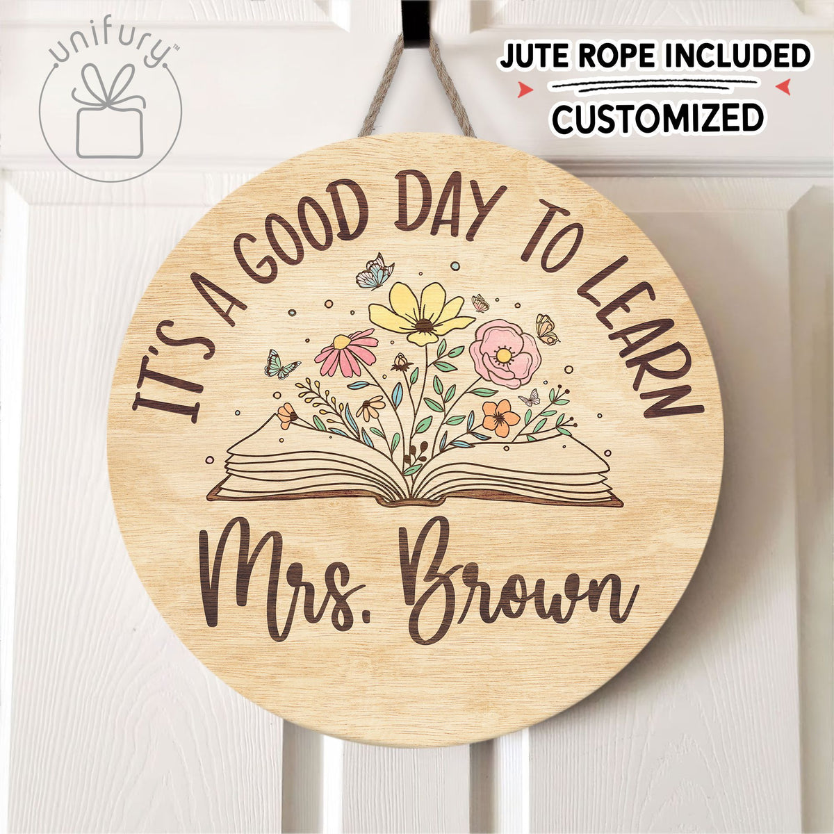 Personalized Teacher Wooden Door Sign, Custom Teacher Name A Good Day To Learn