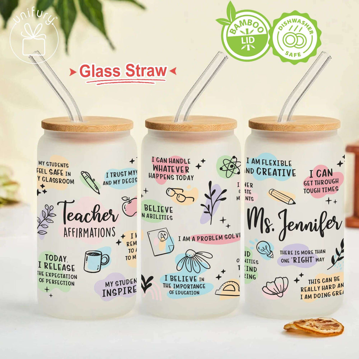 Personalized Teacher Affirmations Frosted Glass Tumbler, Custom Name Coffee Cup