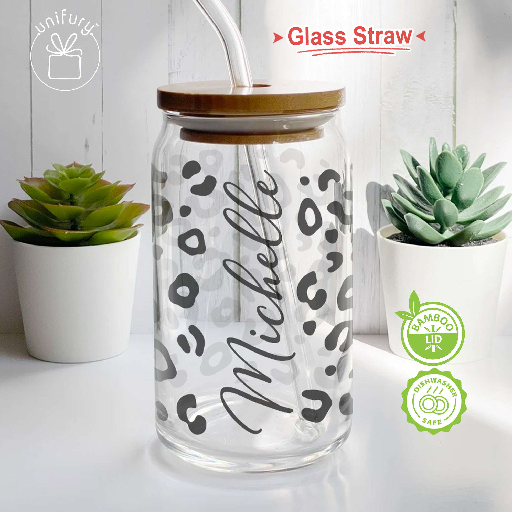 Personalized Bridesmaid Clear Glass Tumbler, Leopard Coffee Cup