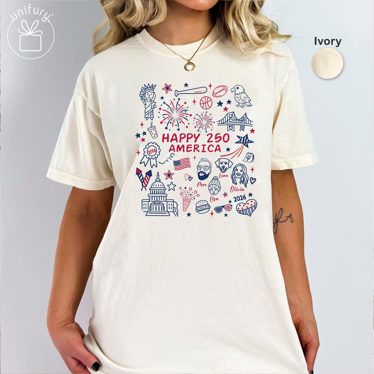Custom Happy 250 America 4th of July Face Line-art T-shirt - Comfort Colors 1717 - Independence Day Gifts
