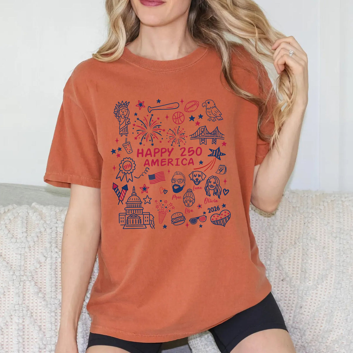 Custom Happy 250 America 4th of July Face Line-art T-shirt - Comfort Colors 1717 - Independence Day Gifts