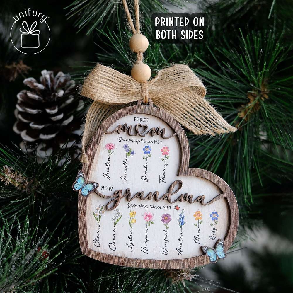 First Mom Now Grandma 3-Layered Wooden Ornament - Birth Flower - Gifts For Grandma, Dog Cat Lovers