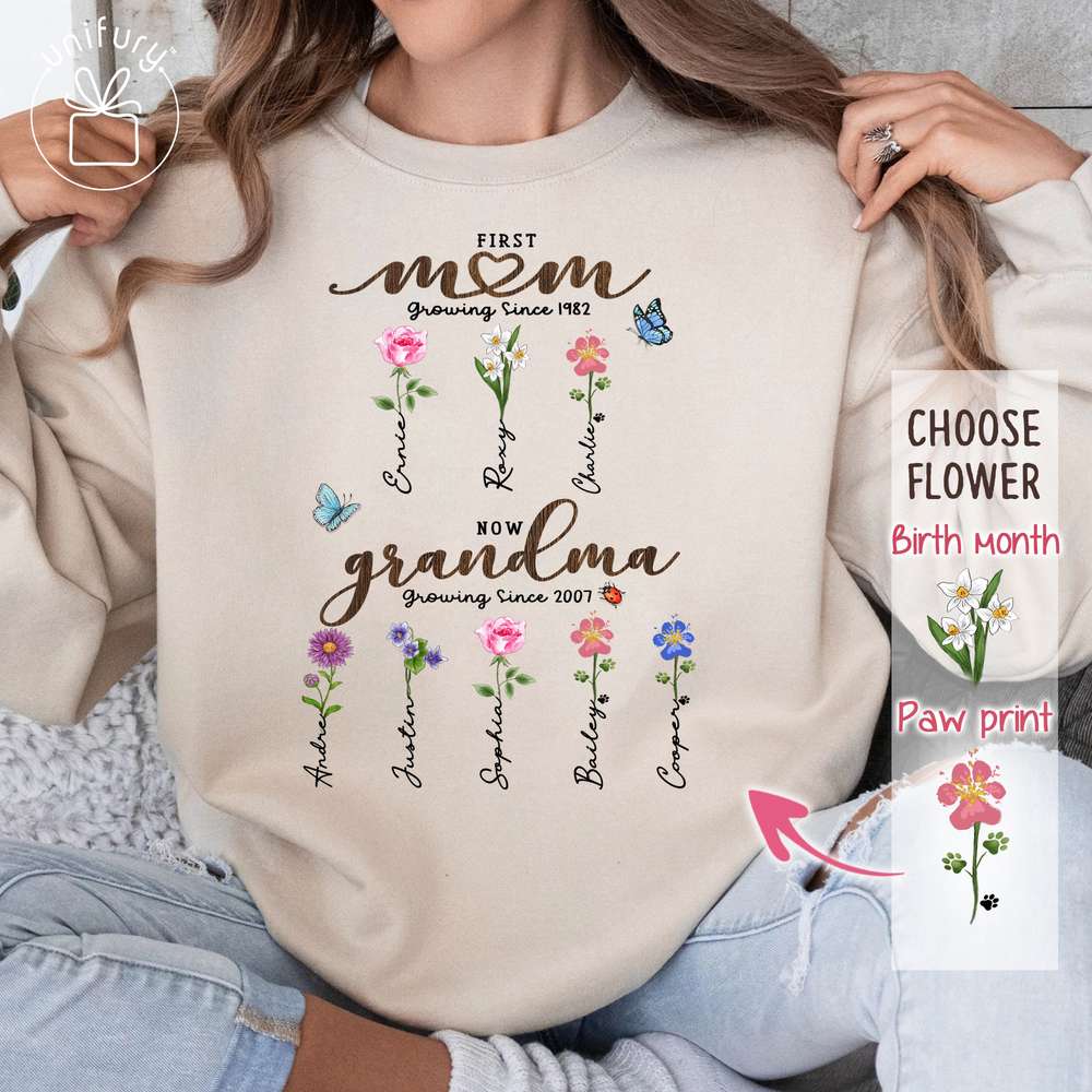 First Mom Now Grandma - Birth Flower Sign - Sleeve Printed Standard Sweatshirt For Grandma, Dog Cat Lovers